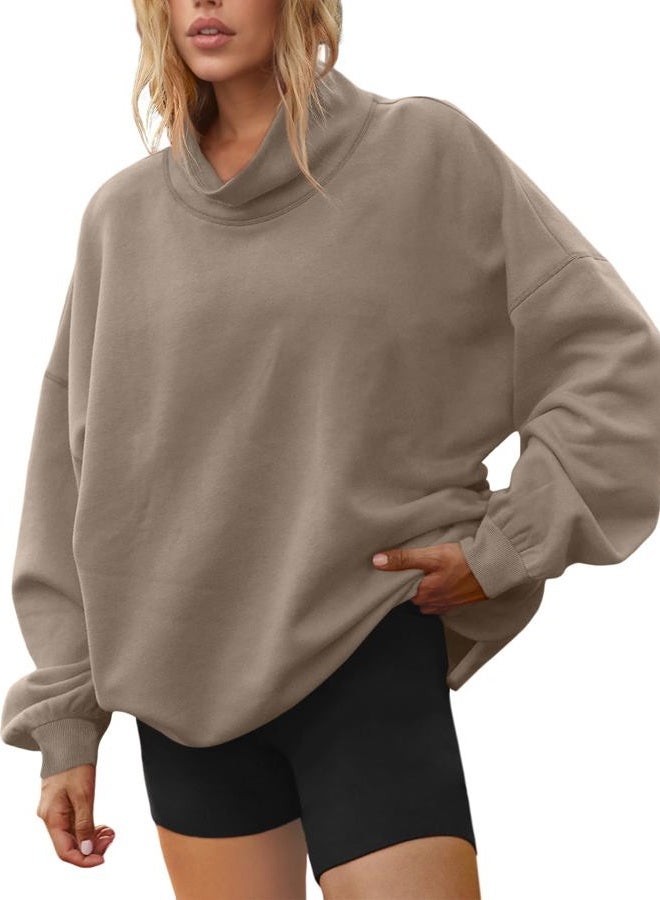 LILLUSORY Mock Neck Sweatshirt for Women, Coffeegrey, L - Image 1
