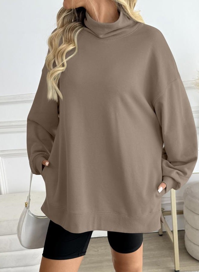 LILLUSORY Mock Neck Sweatshirt for Women, Coffeegrey, L - Image 4