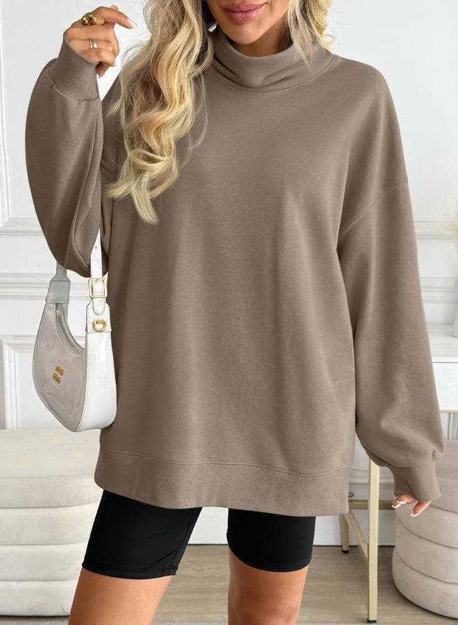LILLUSORY Mock Neck Sweatshirt for Women, Coffeegrey, L - Image 3