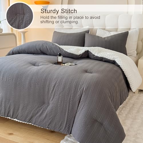 tohrisa Boho Comforter Set King Size Striped Pleats Bohemian Seersucker Bedding Set All Season Soft Cozy 3 Pieces Quilt with 2 Pillowcases104X90 Dark Grey - Image 3
