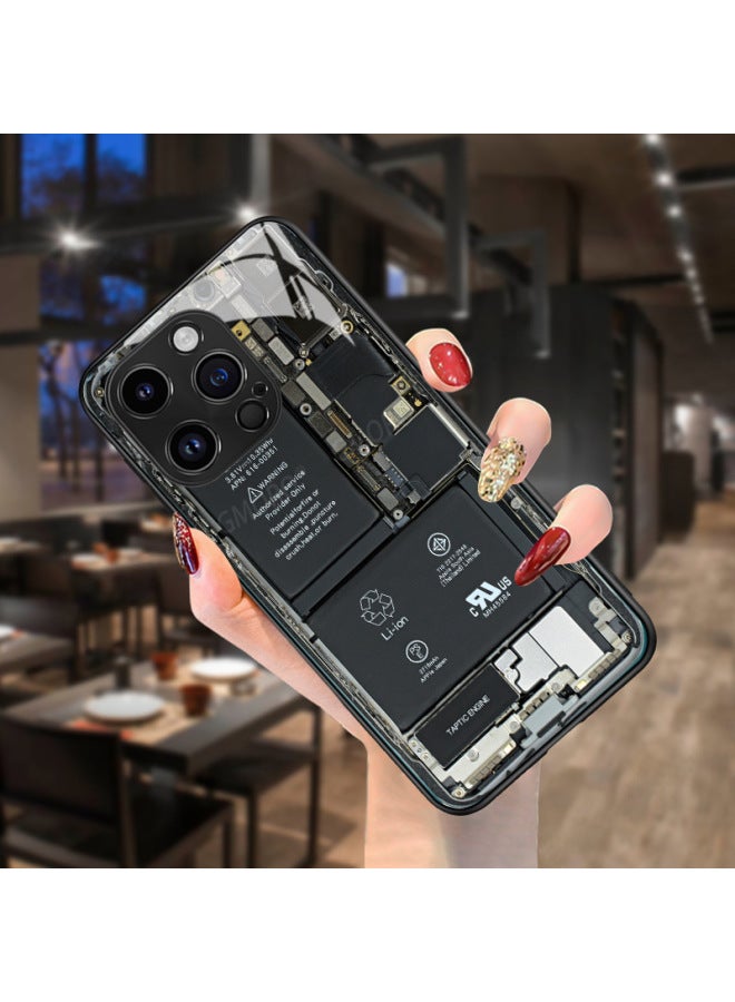 Circuit Board Phone Case For 13 14promax Creative 12 Cool 15 Model Glass Case Funny Digital Computer IPhone Protective Cover-Color:High Permeability Glass Shell-graphite Black -994 White-Applicable Model:iphone15 PRO