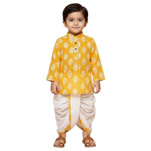 mustmom Baby Ethnic Wear Festival Organic Cotton Soft and comfortable Dhoti Kurta Set Saraswati Puja Dress Panjabi for Kids Boy Girls (Yellow, 0-3 Months) - Image 1