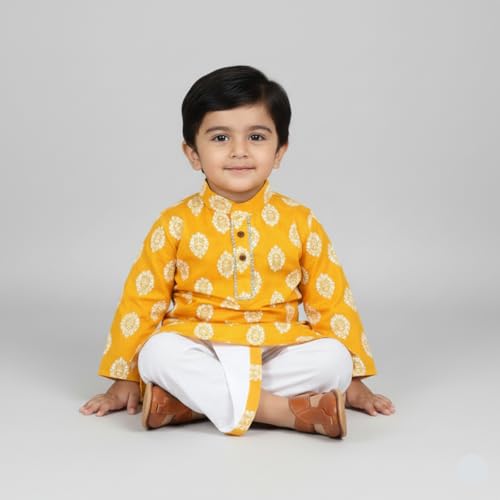 mustmom Baby Ethnic Wear Festival Organic Cotton Soft and comfortable Dhoti Kurta Set Saraswati Puja Dress Panjabi for Kids Boy Girls (Yellow, 0-3 Months) - Image 2