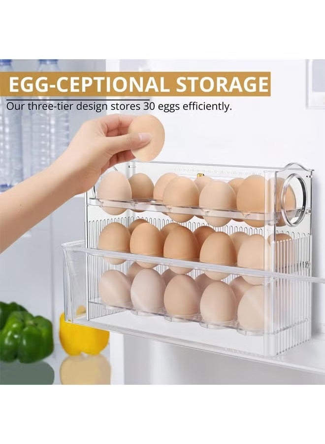 Arabest Flippable Egg Fridge Organizer for Refrigerator Door, 30-Egg Capacity, Clear Egg Saver for Fridge, 3-Layer Egg Storage Container for Refrigerator with Freshness Tracker - Image 2
