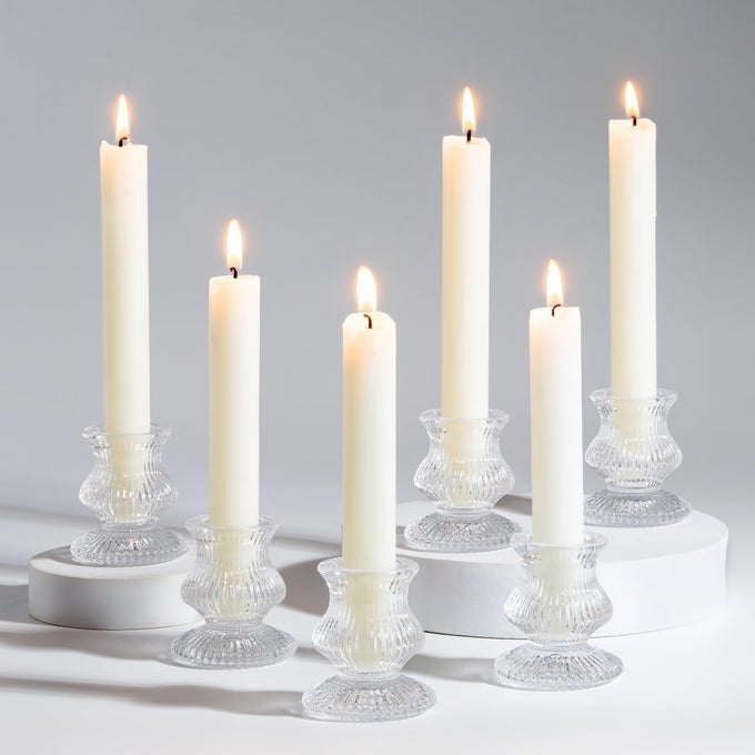 GLASS CANDLE HOLDER FOR CANDLESTICK SET OF 10 CLEAR SMALL TAPER STICK BULK FOR TABLE DINNER LIVING ROOM CHRISTMAS DECORATION WEDDING PARTY CENTREPIECE ADVENT MODERN