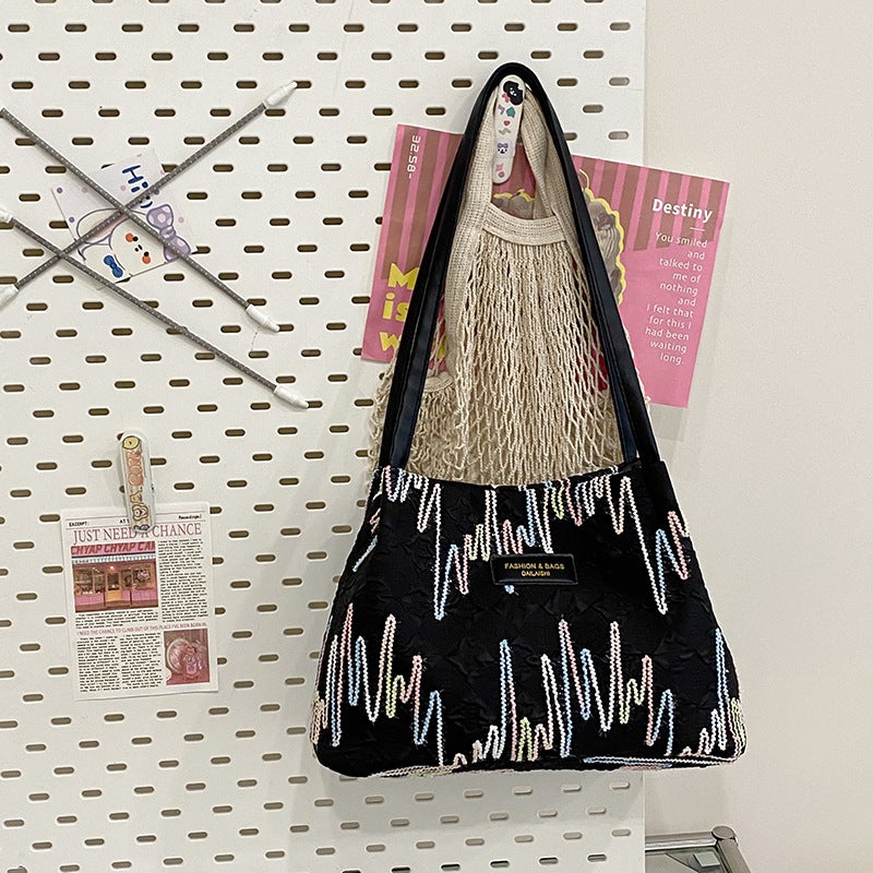 New Canvas Commuter Bag Contrasting Color Striped All-Match One-Shoulder Underarm Bag Tote Large Capacity Casual Bag For Women - Image 1