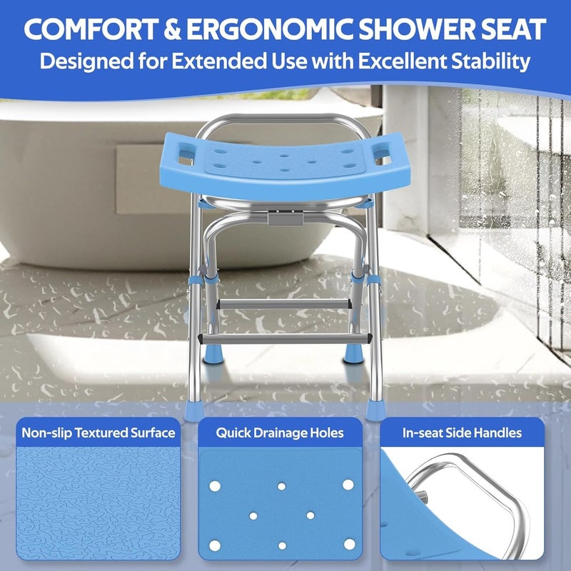 Meday Folding Shower Seat - Stainless Steel Shower Chair for Inside Shower - 420lbs Height Adjustable Foldable Shower Stool - Portable Travel Collapsible Bath Bench for Elderly, Senior, Handicap & Disabled - Image 3