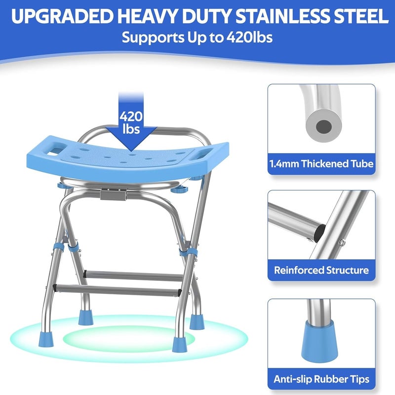 Meday Folding Shower Seat - Stainless Steel Shower Chair for Inside Shower - 420lbs Height Adjustable Foldable Shower Stool - Portable Travel Collapsible Bath Bench for Elderly, Senior, Handicap & Disabled - Image 2