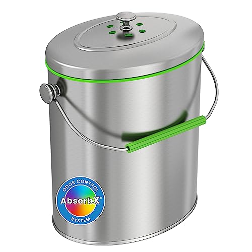 iTouchless Stainless Steel Compost Bin 1.6 Gallon Includes AbsorbX Odor Filter System, Pest-Proof, Titanium Rust-Free Space-efficient Slim Oval Shape 6 Liter Kitchen Countertop Trash Can - Image 1