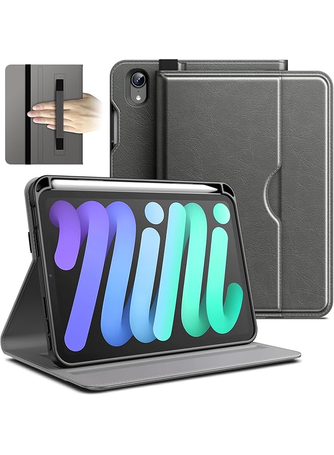 جي تيك حافظة لجهاز ايباد ميني A17 برو 2024 موديل الجيل السابع ميني 6 2021 موديل الجيل السادس حافظة حماية للكمبيوتر اللوحي من الجلد الصناعي مع حامل قلم ومساحة للجيب باللون الرمادي - Image 1