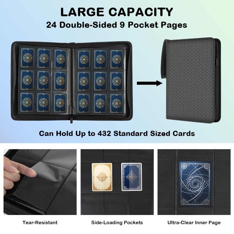 CARDARCHIVER Card Binder 9 Pocket - 432 Cards, Premium Durable & Rigid PU Leather, 24 Page Zippered Side-Loading for Baseball, TCG, Trading & Sports Cards (Professional Black) - Image 5