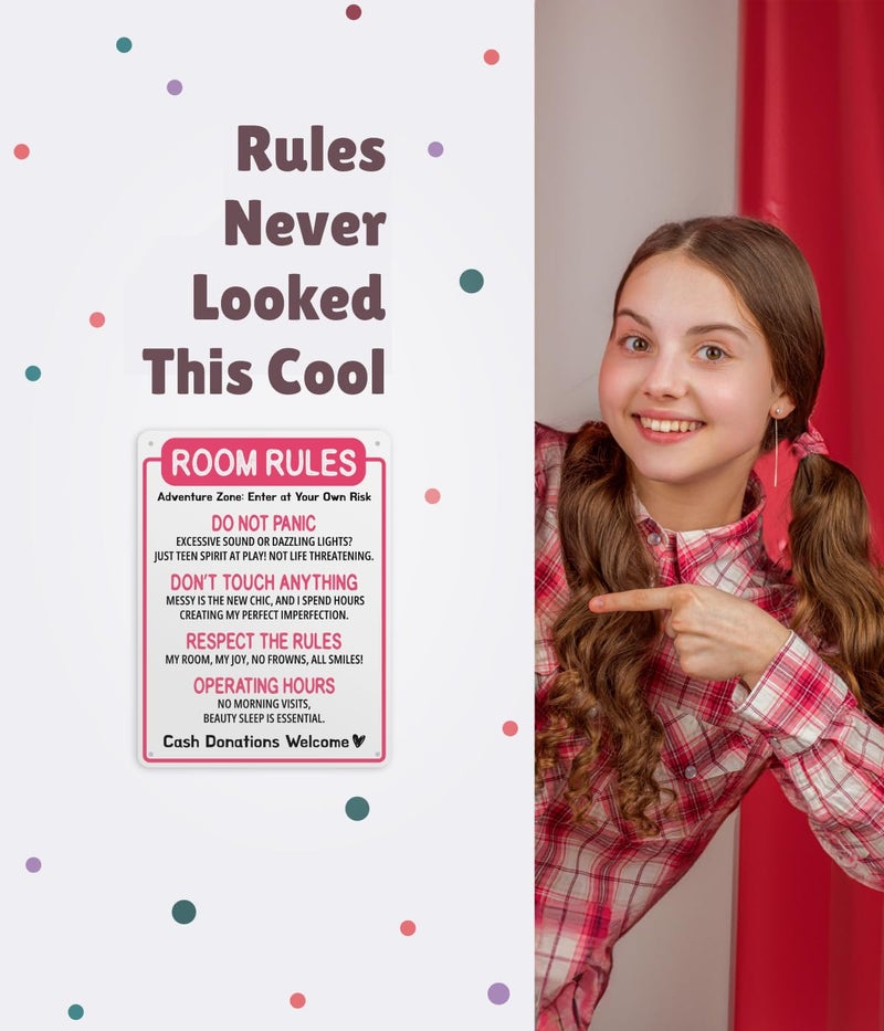 Opix Design Funny Room Rules Sign - Cute Room Rules Sign for Teen Girls, Pink Preppy Room Decorations, Cute Teenage Door Sign & Fun Gifts for Birthday, Holidays (Room Rules) - Image 3