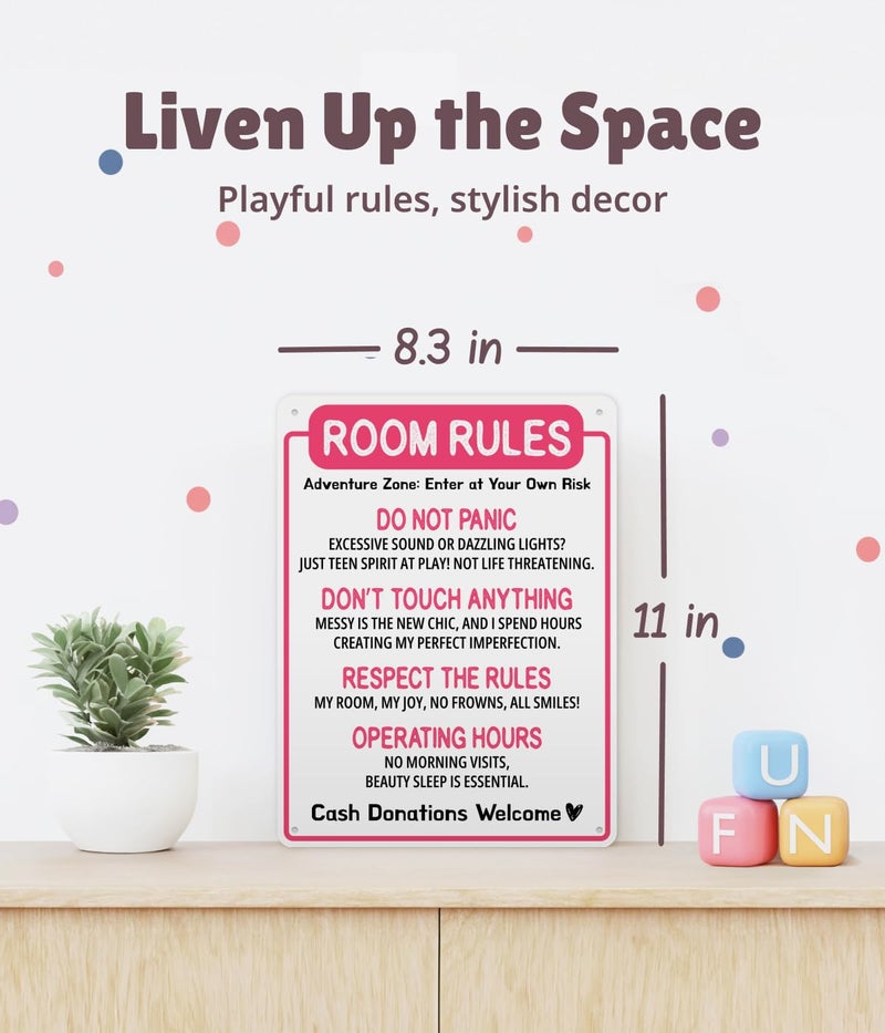 Opix Design Funny Room Rules Sign - Cute Room Rules Sign for Teen Girls, Pink Preppy Room Decorations, Cute Teenage Door Sign & Fun Gifts for Birthday, Holidays (Room Rules) - Image 2