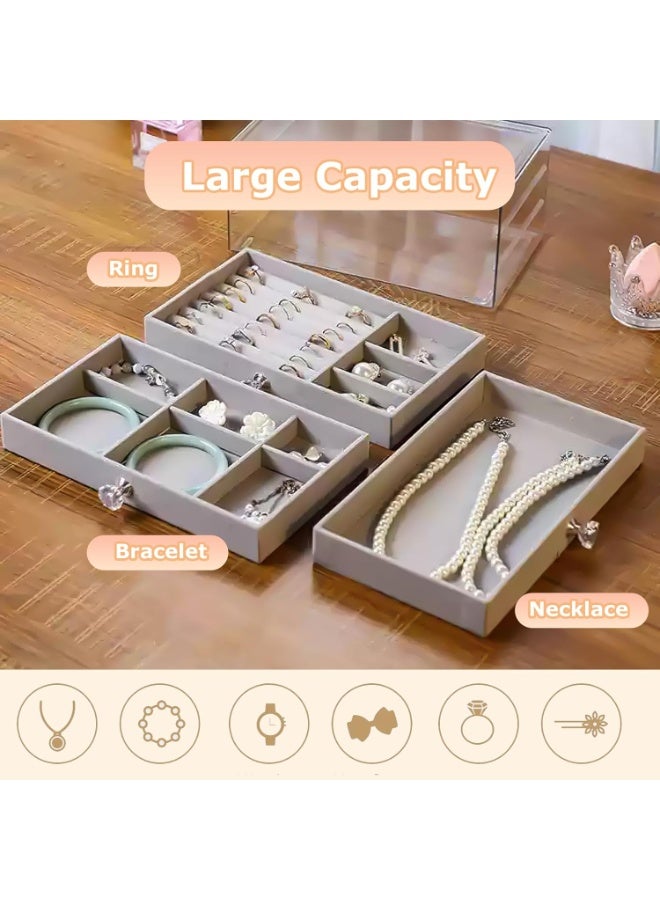 PTTIMFFM Clear Acrylic Jewelry Organizer with 3 Velvet-Lined Drawers, Stackable Anti-Oxidation Storage Box for Rings, Earrings, Necklaces, Bracelets - Image 3