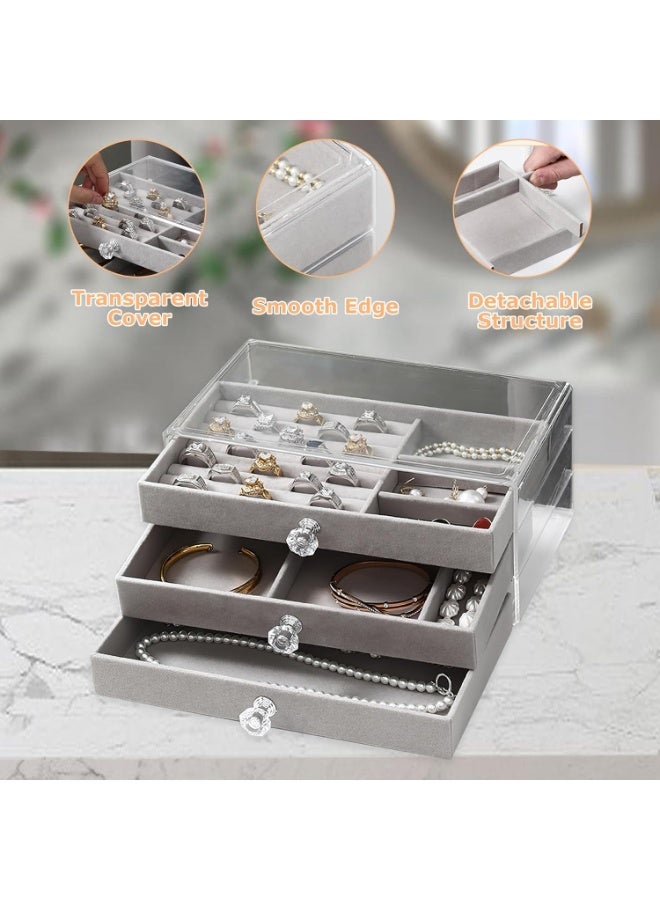 PTTIMFFM Clear Acrylic Jewelry Organizer with 3 Velvet-Lined Drawers, Stackable Anti-Oxidation Storage Box for Rings, Earrings, Necklaces, Bracelets - Image 2