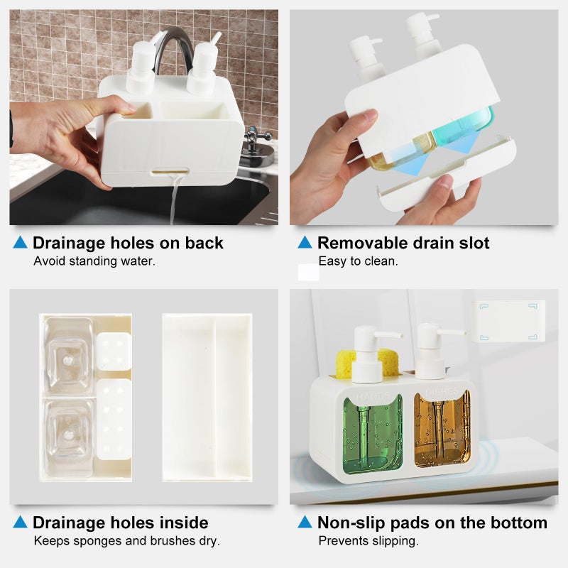 Eavida Kitchen Soap Dispenser Set, with Hand and Dish Soap, Sponge Caddy and Brush Holder 4-in-1 Kitchen Dual Soap Dispenser Set for Kitchen Sink, Bathroom - White - Image 5