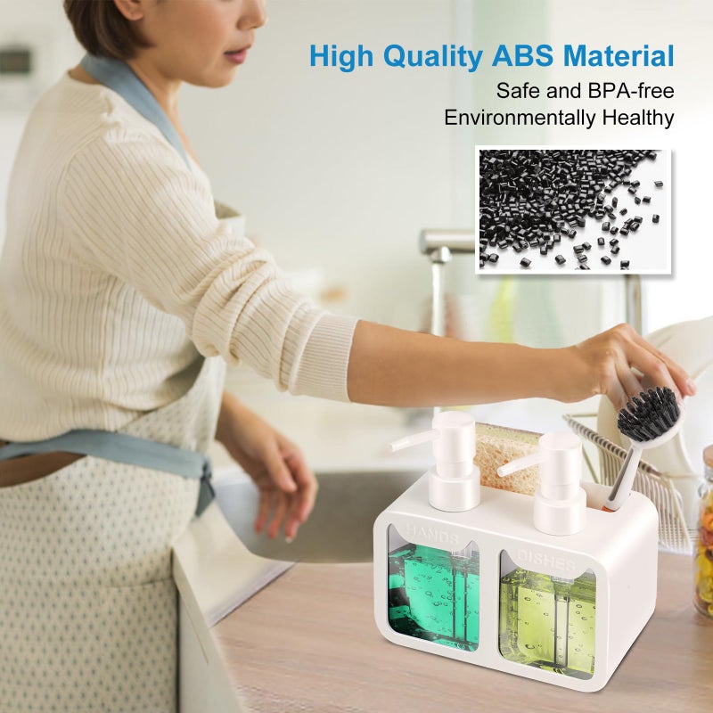 Eavida Kitchen Soap Dispenser Set, with Hand and Dish Soap, Sponge Caddy and Brush Holder 4-in-1 Kitchen Dual Soap Dispenser Set for Kitchen Sink, Bathroom - White - Image 3