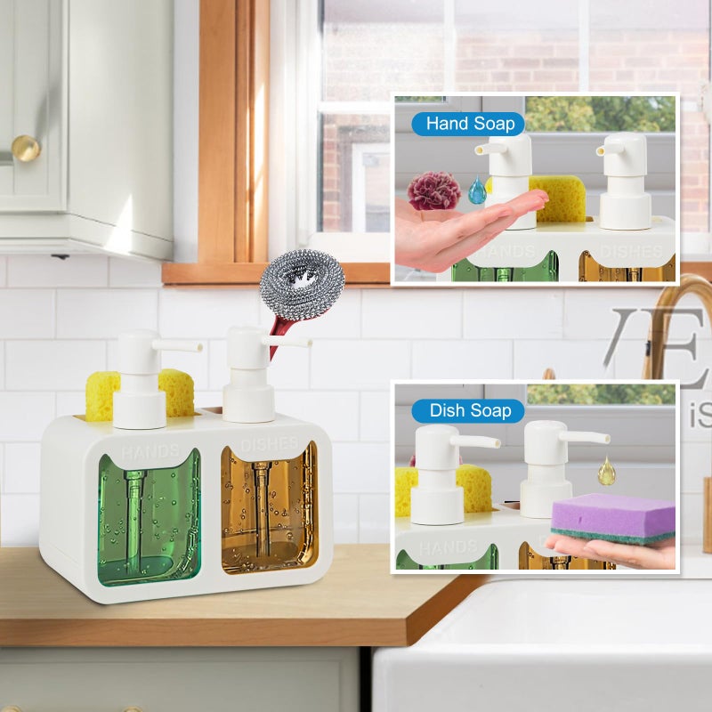 Eavida Kitchen Soap Dispenser Set, with Hand and Dish Soap, Sponge Caddy and Brush Holder 4-in-1 Kitchen Dual Soap Dispenser Set for Kitchen Sink, Bathroom - White - Image 4
