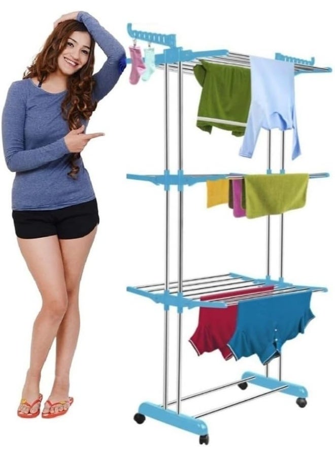 كويزين أرت حامل ملابس قابل للطي من 6 طبقات من الستانلس ستيل مع أجنحة جانبية قابلة للطي للاستخدام الداخلي والخارجي - أزرق - Image 3