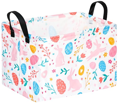 ACMUUNI Rectangle Easter Eggs Gift Basket Rabbit Toy Shelf Basket Clothes Laundry Storage Box Storage Bins Bunny Basket Laundry Hamper with Handles - Image 1