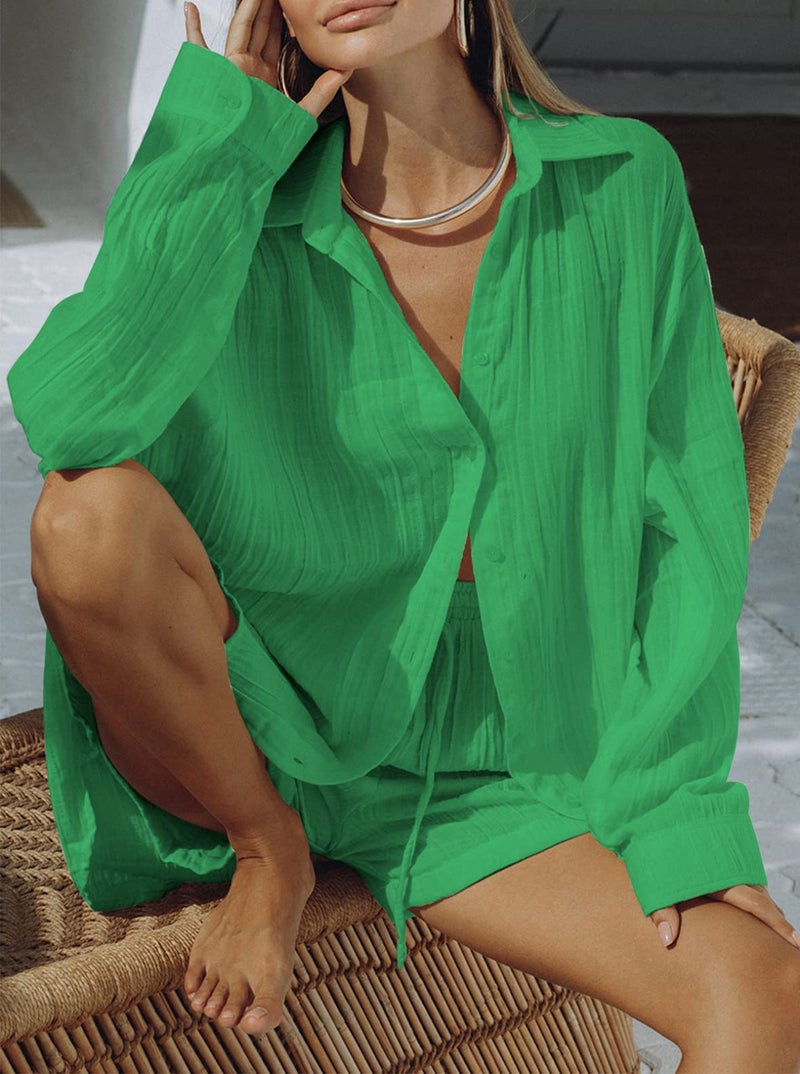 Fixmatti Womens 2 Piece Short Outfits Button Down Long Sleeve Blouse and Shorts Set Sweatsuits Green L - Image 2