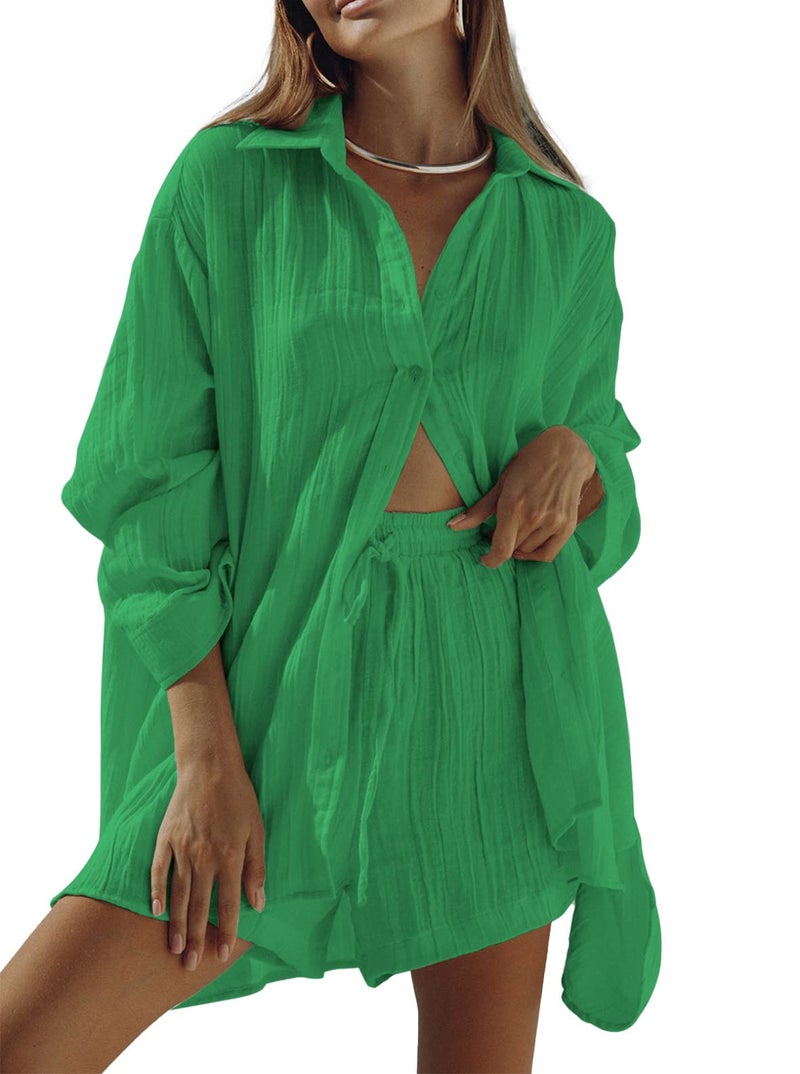 Fixmatti Womens 2 Piece Short Outfits Button Down Long Sleeve Blouse and Shorts Set Sweatsuits Green L - Image 1