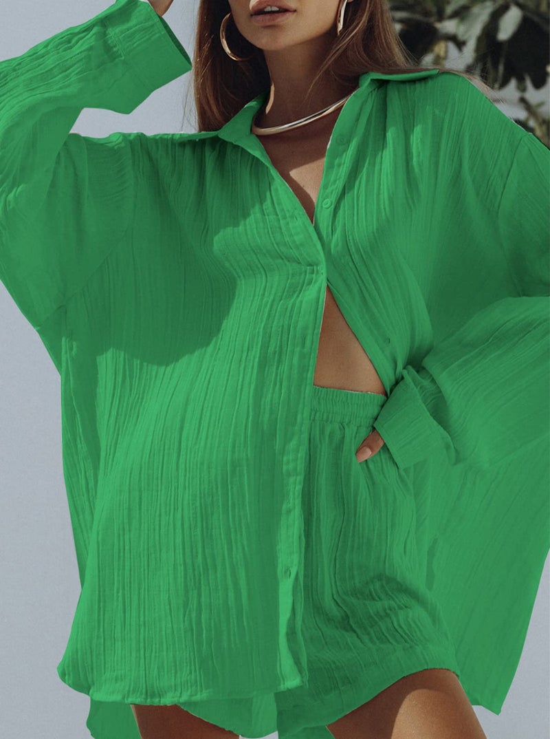 Fixmatti Womens 2 Piece Short Outfits Button Down Long Sleeve Blouse and Shorts Set Sweatsuits Green L - Image 5