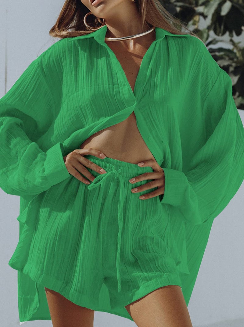 Fixmatti Womens 2 Piece Short Outfits Button Down Long Sleeve Blouse and Shorts Set Sweatsuits Green L - Image 3