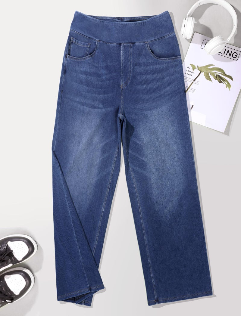 DLOODA Women's Wide Leg Jeans High Waisted Stretchy Denim Pants Elastic Waist Pull On Sweatpant Jeans Trendy Baggy Loose Medium Blue - Image 5