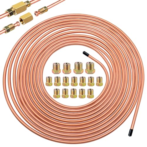 Eoppen 14Inch x 25 ft Brake Line Tubing Kit Flexible Copper Coated Alloy Brake Line Tubing Coil with 16 Inverted Flare Fittings SAE Standard - Image 1