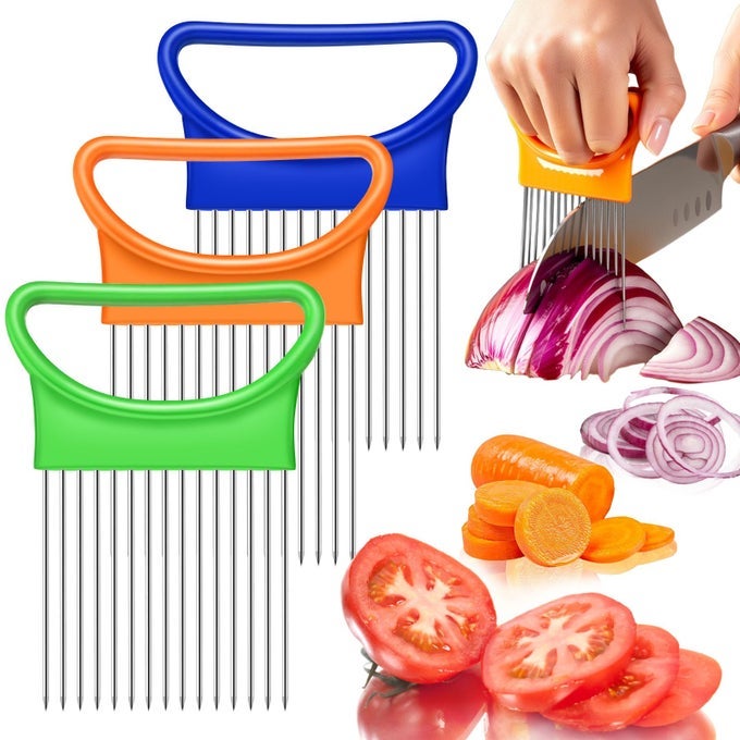 3PIECES ONION HOLDER FOR SLICING STAINLESS STEEL ONION CUTTER FOR SLICING POTATO LEMON SLICER TOMATO SLICERS KITCHEN COMB FOR VEGETABLES FRUIT AND MEAT