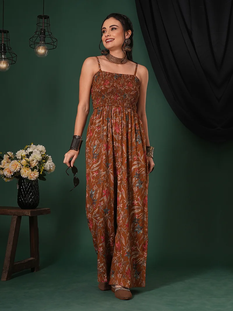 globus Globus Women Square Neck Adjustable Strappy Shoulder Smocked Floral Print Fusion Jumpsuit