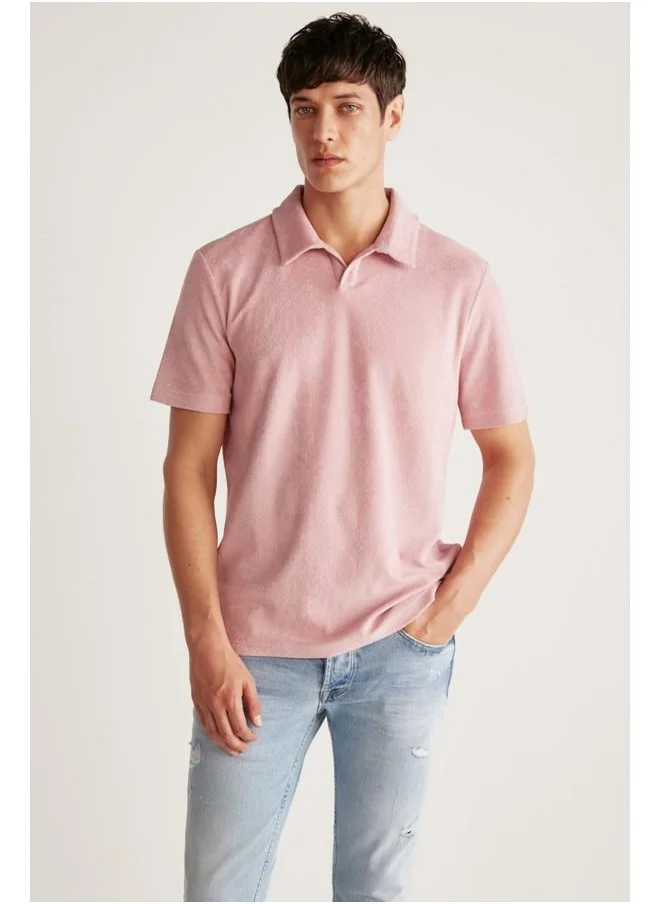 جريميلانج Grimelange Todd Men's Polo Neck Towel Fabric Heavy Texture Pink Polo Neck T-Shirt