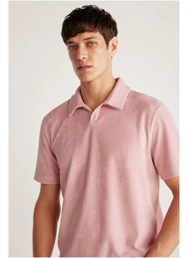 جريميلانج Grimelange Todd Men's Polo Neck Towel Fabric Heavy Texture Pink Polo Neck T-Shirt