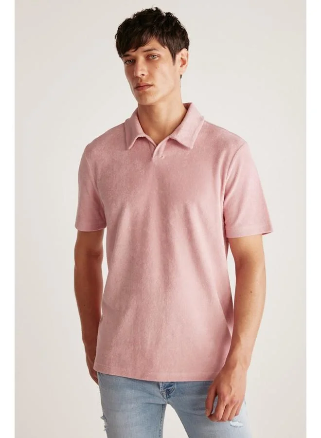 GRIMELANGE Grimelange Todd Men's Polo Neck Towel Fabric Heavy Texture Pink Polo Neck T-Shirt