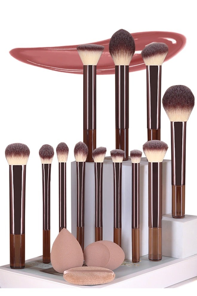 DGSENPI 15 PCS Makeup Brush Set, 12 Multi Use Makeup Brushes, with 2 Makeup Sponges and 1 Makeup Puff, Foundation Blush Concealer Shading Eye Makeup Brush, for Beginners and Professionals - Image 1