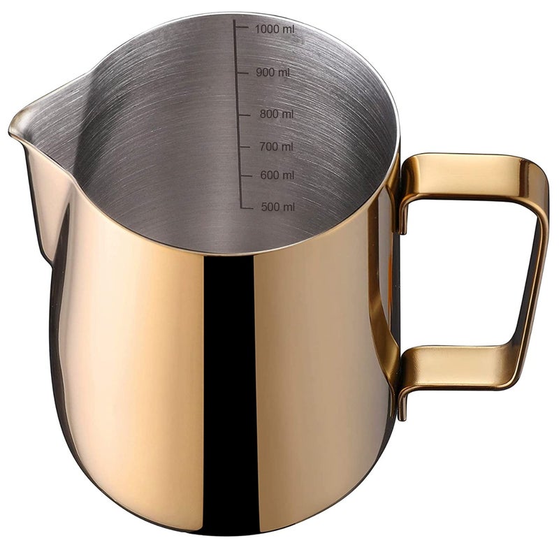 ELON Golden Milk Frothing Pitcher, 350ml/600ml/1000ml Espresso Steaming Pitchers Stainless Steel Milk Coffee Cappuccino Steam Pitchers Milk Jug Cup (Golden (Stainless Steel), 1000ml/38oz) - Image 1