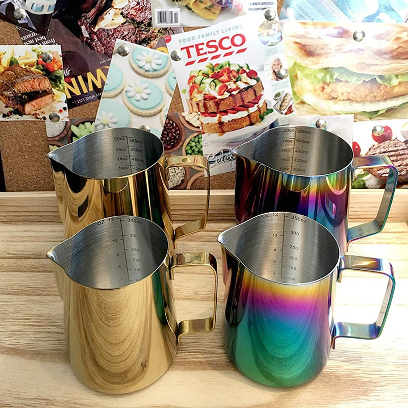 ELON Golden Milk Frothing Pitcher, 350ml/600ml/1000ml Espresso Steaming Pitchers Stainless Steel Milk Coffee Cappuccino Steam Pitchers Milk Jug Cup (Golden (Stainless Steel), 1000ml/38oz) - Image 4