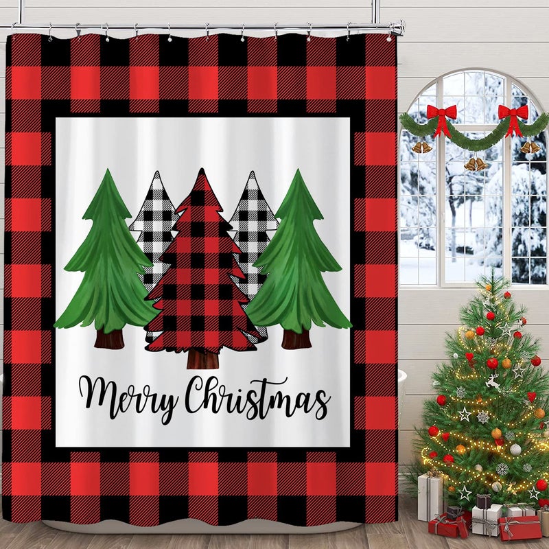 Bivinar Red Christmas Plaid Surtain Stain Vintage Farmhouse Christmas Tree Buffalo Check Plaid Blaid Bather Surtain 72 × 72 Int - Image 3