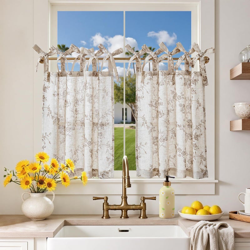 jinchan Floral Kitchen Curtains 24 Inch Linen Tier Curtains Farmhouse Cafe Half Window Drapes Over Sink Light Filtering Taupe on Beige for Living Room Laundry Tie Top 2 Panels - Image 1