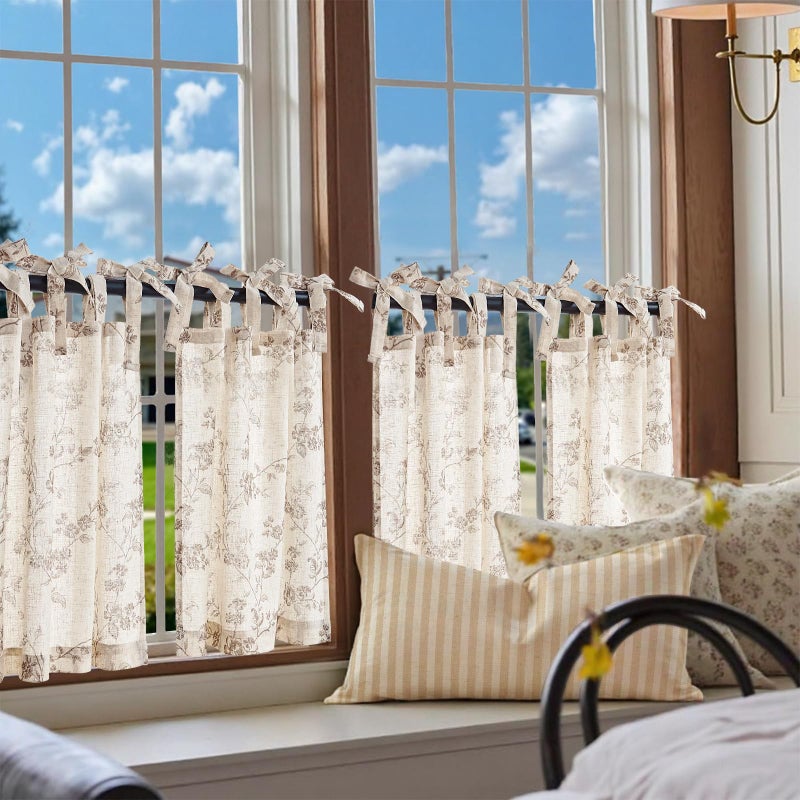 jinchan Floral Kitchen Curtains 24 Inch Linen Tier Curtains Farmhouse Cafe Half Window Drapes Over Sink Light Filtering Taupe on Beige for Living Room Laundry Tie Top 2 Panels - Image 2
