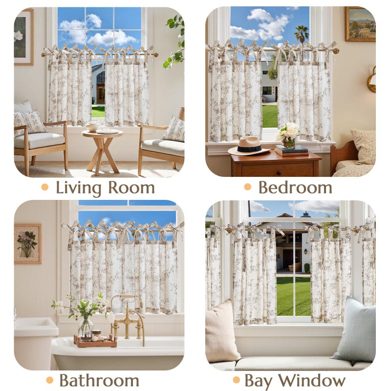 jinchan Floral Kitchen Curtains 24 Inch Linen Tier Curtains Farmhouse Cafe Half Window Drapes Over Sink Light Filtering Taupe on Beige for Living Room Laundry Tie Top 2 Panels - Image 4