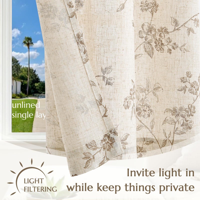jinchan Floral Kitchen Curtains 24 Inch Linen Tier Curtains Farmhouse Cafe Half Window Drapes Over Sink Light Filtering Taupe on Beige for Living Room Laundry Tie Top 2 Panels - Image 5