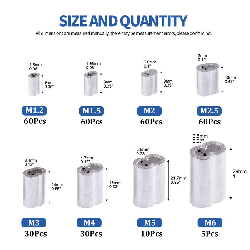 Glarks 315-Pieces 8 Sizes Aluminum Crimping Loop Sleeve Double Barrel Ferrule for Wire Rope and Cable Line End Assortment Kit - M1.2-M6 - Image 2