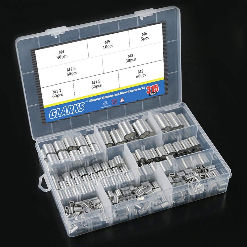 Glarks 315-Pieces 8 Sizes Aluminum Crimping Loop Sleeve Double Barrel Ferrule for Wire Rope and Cable Line End Assortment Kit - M1.2-M6 - Image 5