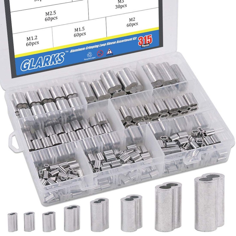 Glarks 315-Pieces 8 Sizes Aluminum Crimping Loop Sleeve Double Barrel Ferrule for Wire Rope and Cable Line End Assortment Kit - M1.2-M6 - Image 1