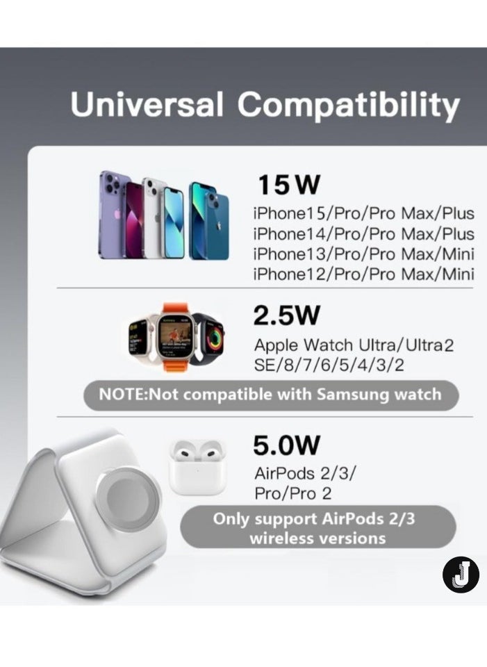 JAJEEK "NEW 3-in-1 Mag-Safe Wireless Charger – 15W Foldable Charging Station for iPhone, Apple Watch & AirPods (White)" - Image 3