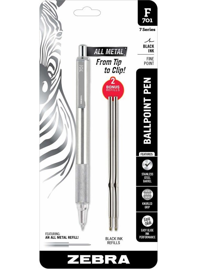 Zebra Pen قلم معدني Zebra 21213 عدد 1 (عبوة من 1) F-701، قلم حبر جاف بنقطة دقيقة، مقبض معدني مزخرف، حبر أسود 0.8 مم، قلم فضي قابل للسحب F701 مع 2 عبوات حبر إضافية في العبوة للنساء والرجال، معدني - Image 1
