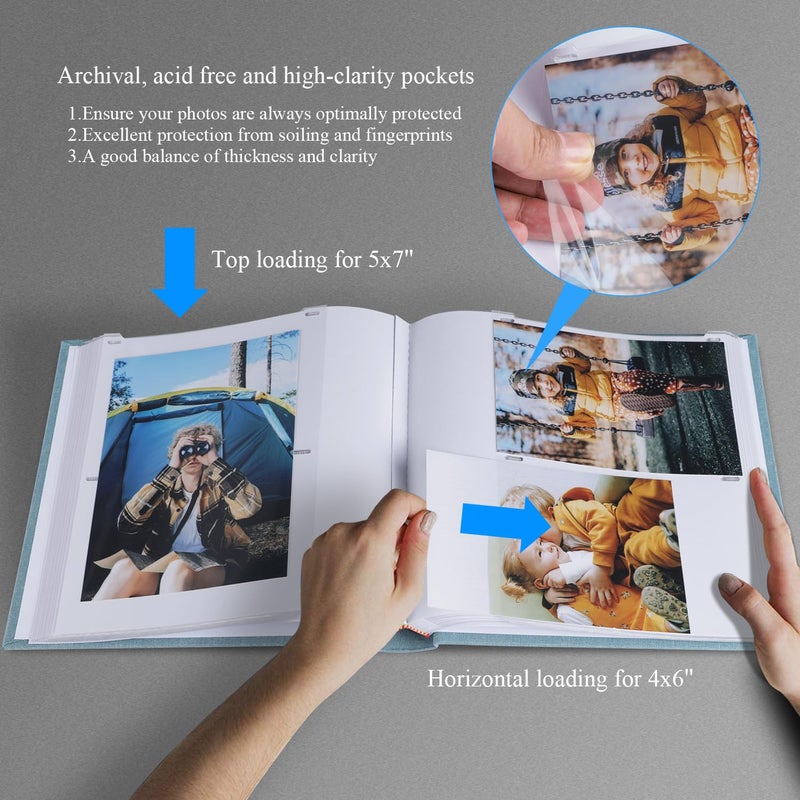 1DOT2 Photo Album with Writing Space 50 Pages 4x6 Photos Hold 200 or 5x7 Pictures Hold 100, Linen Cover Small Photo Book Albums with Memo for Anniversary Wedding Baby (Cyan Blue) - Image 2
