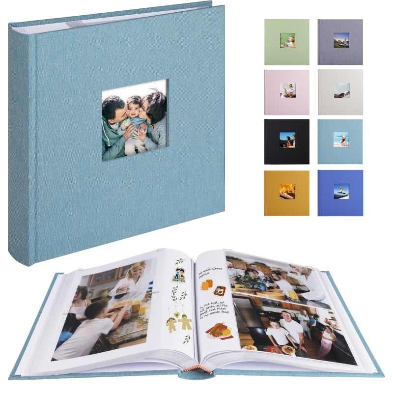 1DOT2 Photo Album with Writing Space 50 Pages 4x6 Photos Hold 200 or 5x7 Pictures Hold 100, Linen Cover Small Photo Book Albums with Memo for Anniversary Wedding Baby (Cyan Blue) - Image 1